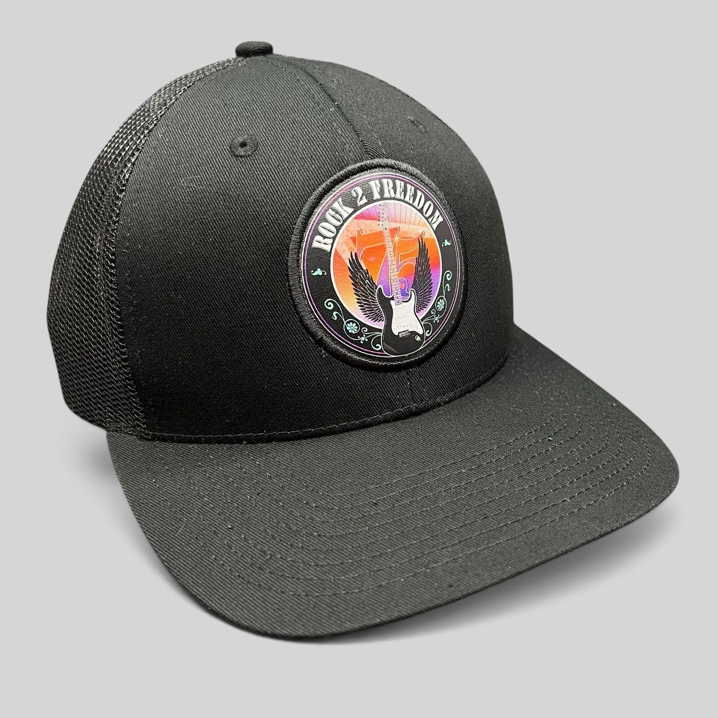 Raree Finds black In-N-Out Burger Rock 2 Freedom trucker hat with a winged electric guitar patch and mesh back