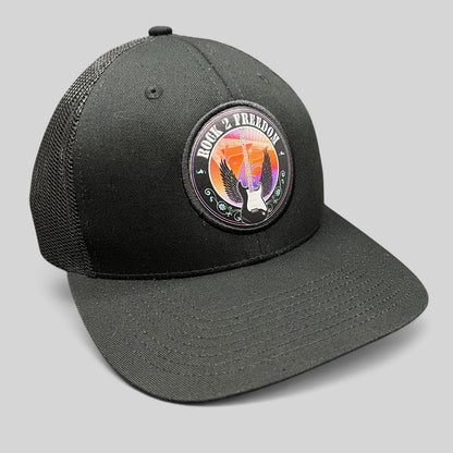 Raree Finds black In-N-Out Burger Rock 2 Freedom trucker hat with a winged electric guitar patch and mesh back
