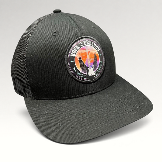 Raree Finds black In-N-Out Burger Rock 2 Freedom trucker hat with a winged electric guitar patch and mesh back