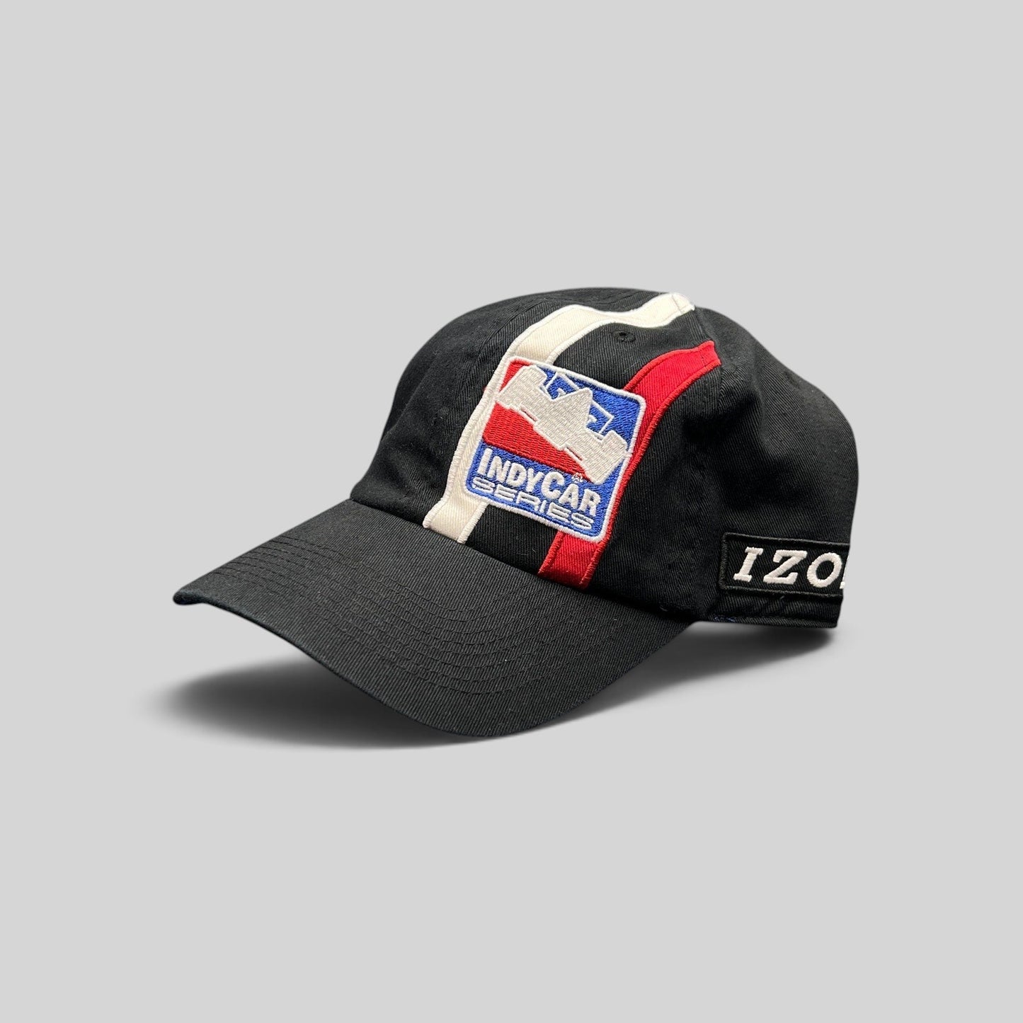 Raree Finds vintage IZOD IndyCar Series black cotton strapback racing hat with embroidered logo and racing stripes