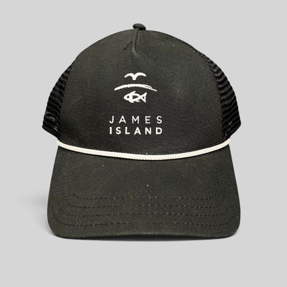 Raree Finds black trucker hat with white James Island coastal logo embroidery, mesh back, and rope detail on brim.