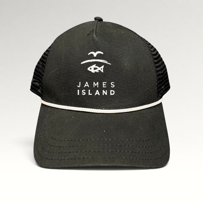 Raree Finds black trucker hat with white James Island coastal logo embroidery, mesh back, and rope detail on brim.
