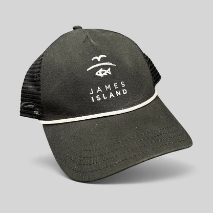 Raree Finds black trucker hat with white James Island coastal logo embroidery, mesh back, and rope detail on the brim.