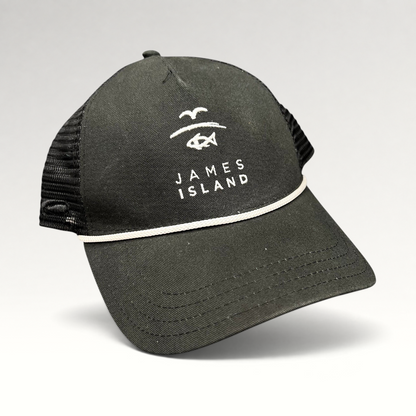 Raree Finds black trucker hat with white James Island coastal logo embroidery, mesh back, and rope detail on the brim.
