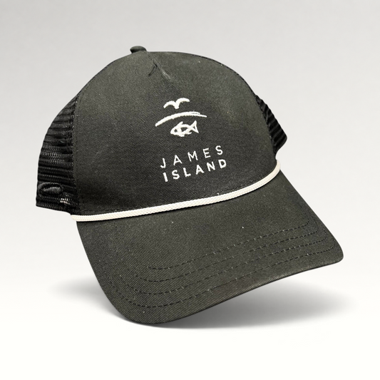 Raree Finds black trucker hat with white James Island coastal logo embroidery, mesh back, and rope detail on the brim.