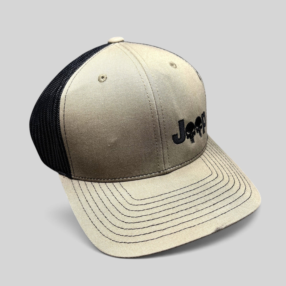 Raree Finds Jeep Punisher skull Richardson 112 trucker hat in olive drab and black with a structured curved brim.