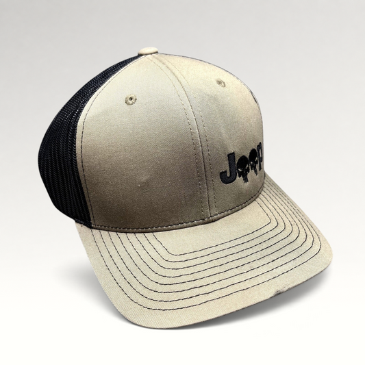 Raree Finds Jeep Punisher skull Richardson 112 trucker hat in olive drab and black with a structured curved brim.