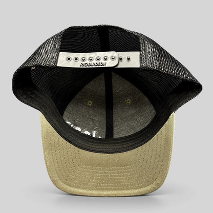 Raree Finds Jeep Punisher Richardson 112 trucker hat showing the interior, black mesh back, and olive snapback closure.