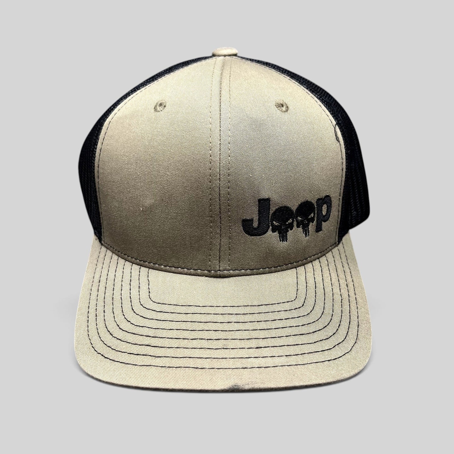 Raree Finds Jeep Punisher skull Richardson 112 trucker hat in olive drab and black with a structured curved brim.