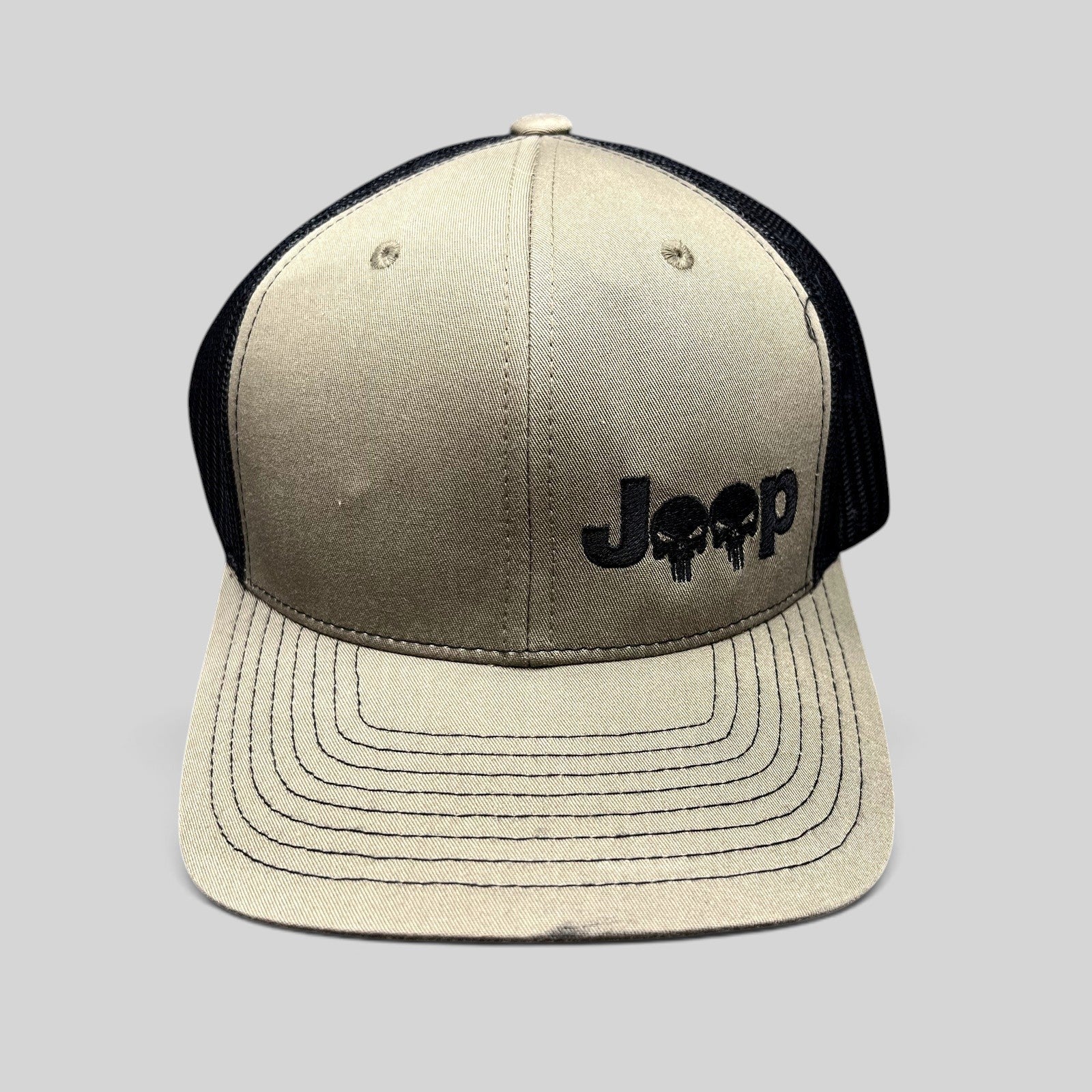 Raree Finds Jeep Punisher skull Richardson 112 trucker hat in olive drab and black with a structured curved brim.