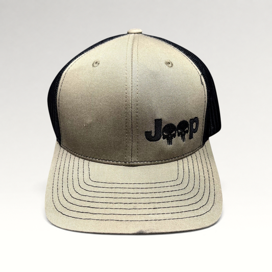 Raree Finds Jeep Punisher skull Richardson 112 trucker hat in olive drab and black with a structured curved brim.