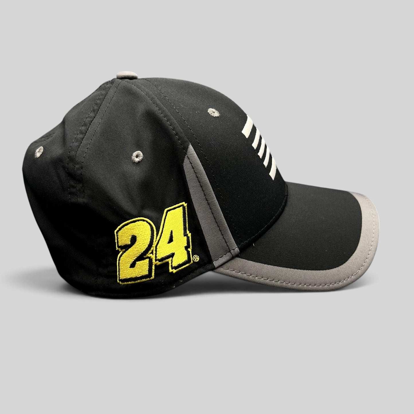 Raree Finds Jeff Gordon NASCAR A-Flex stretch hat in black and gray with yellow 24 embroidery on the side