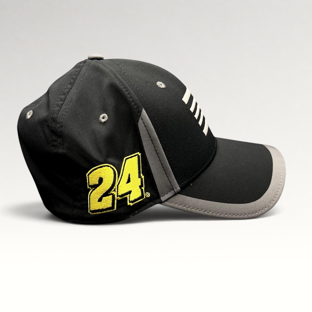 Raree Finds Jeff Gordon NASCAR A-Flex stretch hat in black and gray with yellow 24 embroidery on the side