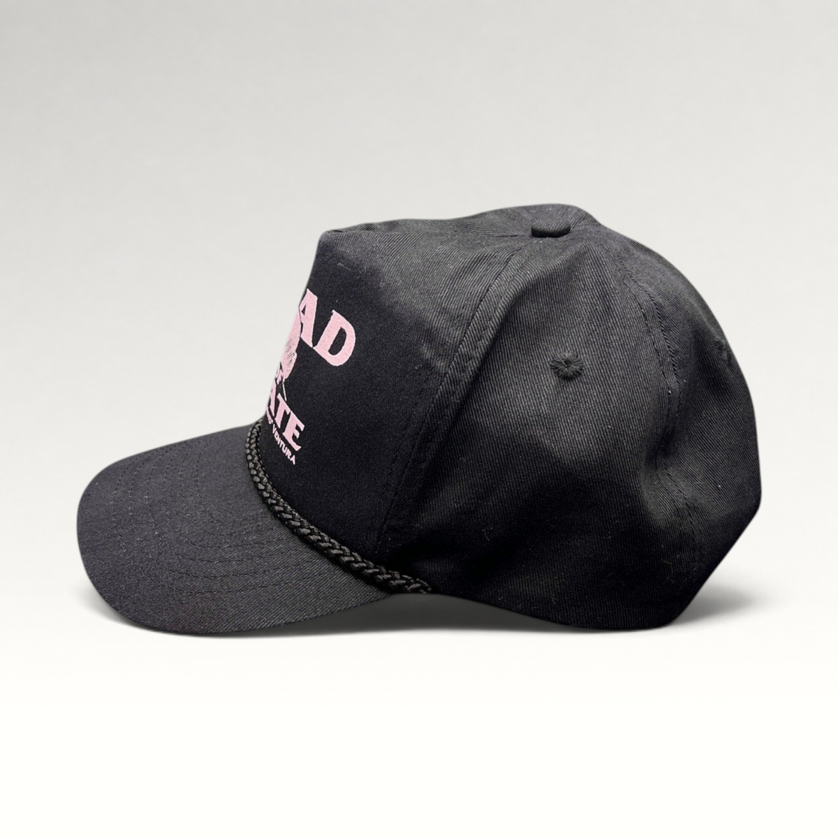Raree Finds vintage Jesse Ventura Head of State black cotton twill snapback hat with pink graphic and rope trim