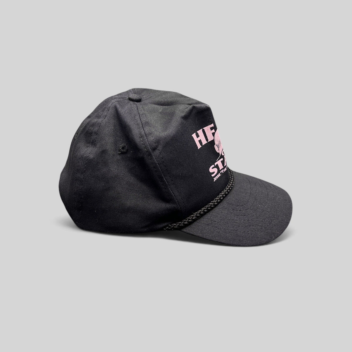 Raree Finds vintage Jesse Ventura Head of State black cotton snapback hat with pink graphic and front rope trim