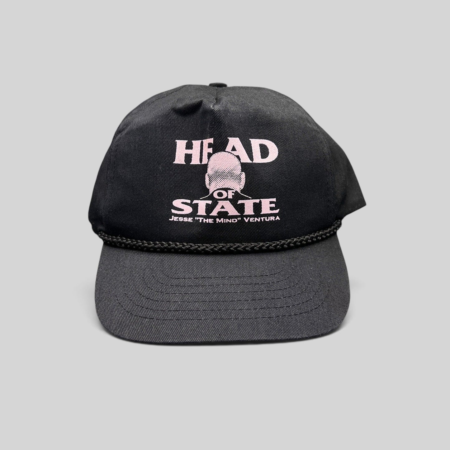 Raree Finds vintage black cotton twill snapback hat with pink Jesse Ventura Head of State graphic and rope trim