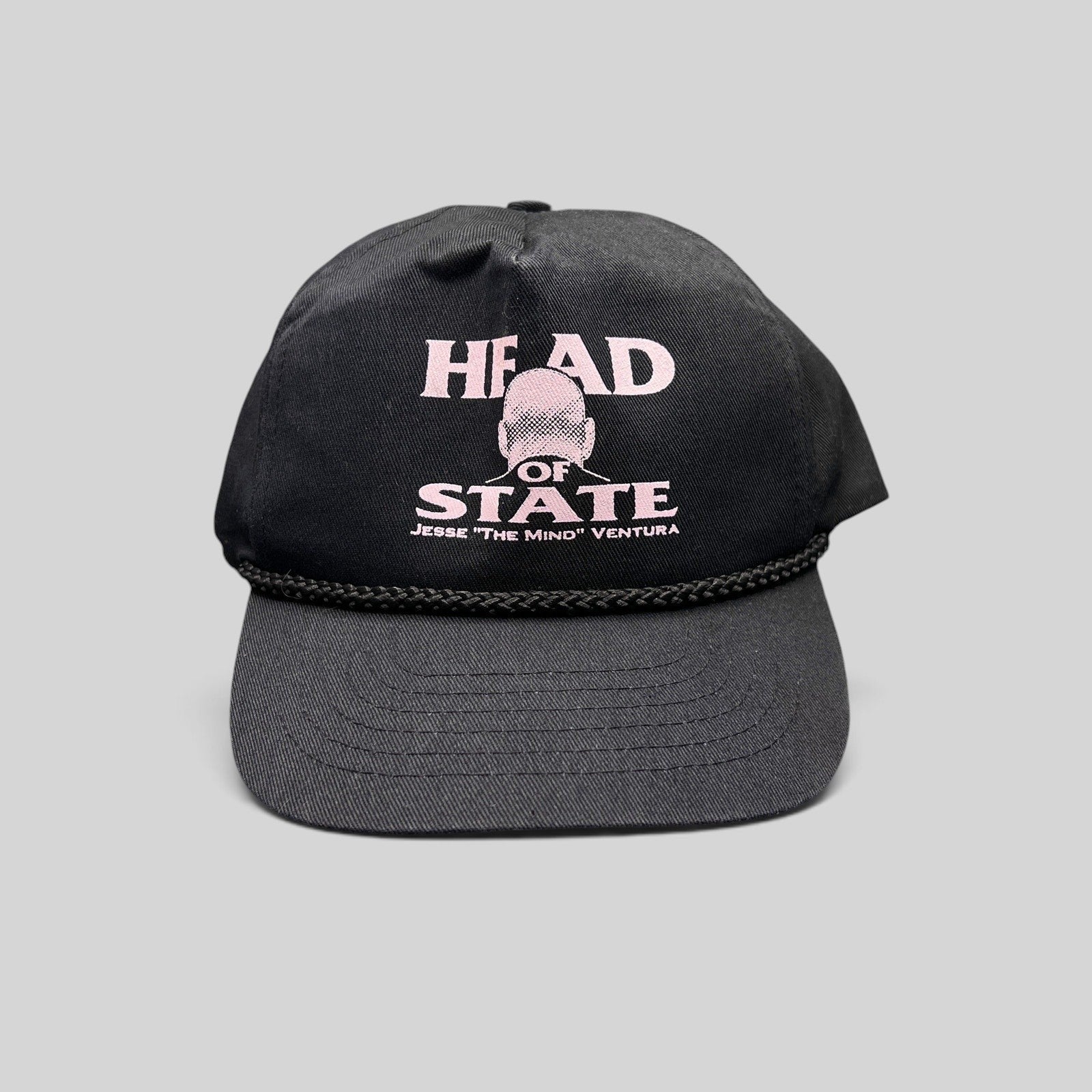 Raree Finds vintage black cotton twill snapback hat with pink Jesse Ventura Head of State graphic and rope trim