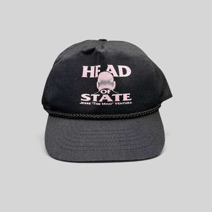 Raree Finds vintage black cotton twill snapback hat with pink Jesse Ventura Head of State graphic and rope trim