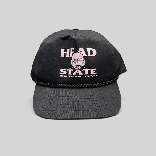 Raree Finds vintage black cotton twill snapback hat with pink Jesse Ventura Head of State graphic and rope trim
