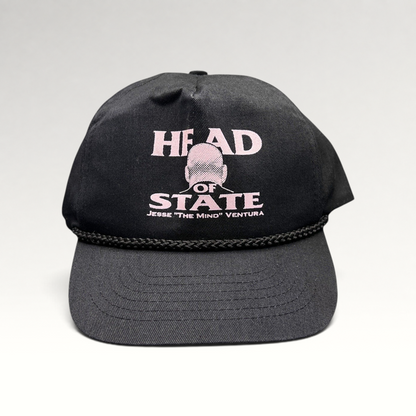 Raree Finds vintage black cotton twill snapback hat with pink Jesse Ventura Head of State graphic and rope trim