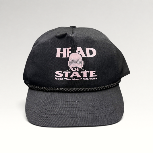 Raree Finds vintage black cotton twill snapback hat with pink Jesse Ventura Head of State graphic and rope trim