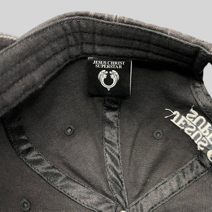 Raree Finds vintage Jesus Christ Superstar dad hat interior label and embroidered branding on black distressed cotton
