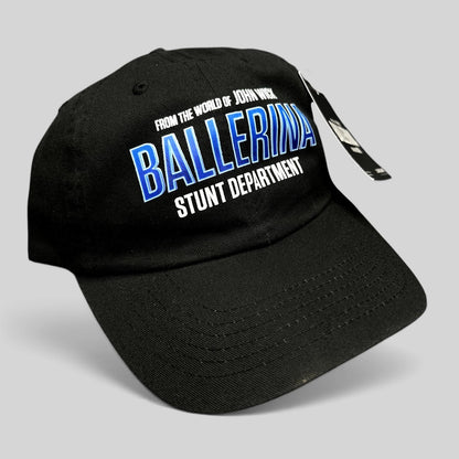 Raree Finds black cotton strapback hat featuring John Wick Ballerina Stunt Department embroidery and original hang tag.