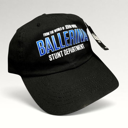 Raree Finds black cotton strapback hat featuring John Wick Ballerina Stunt Department embroidery and original hang tag.