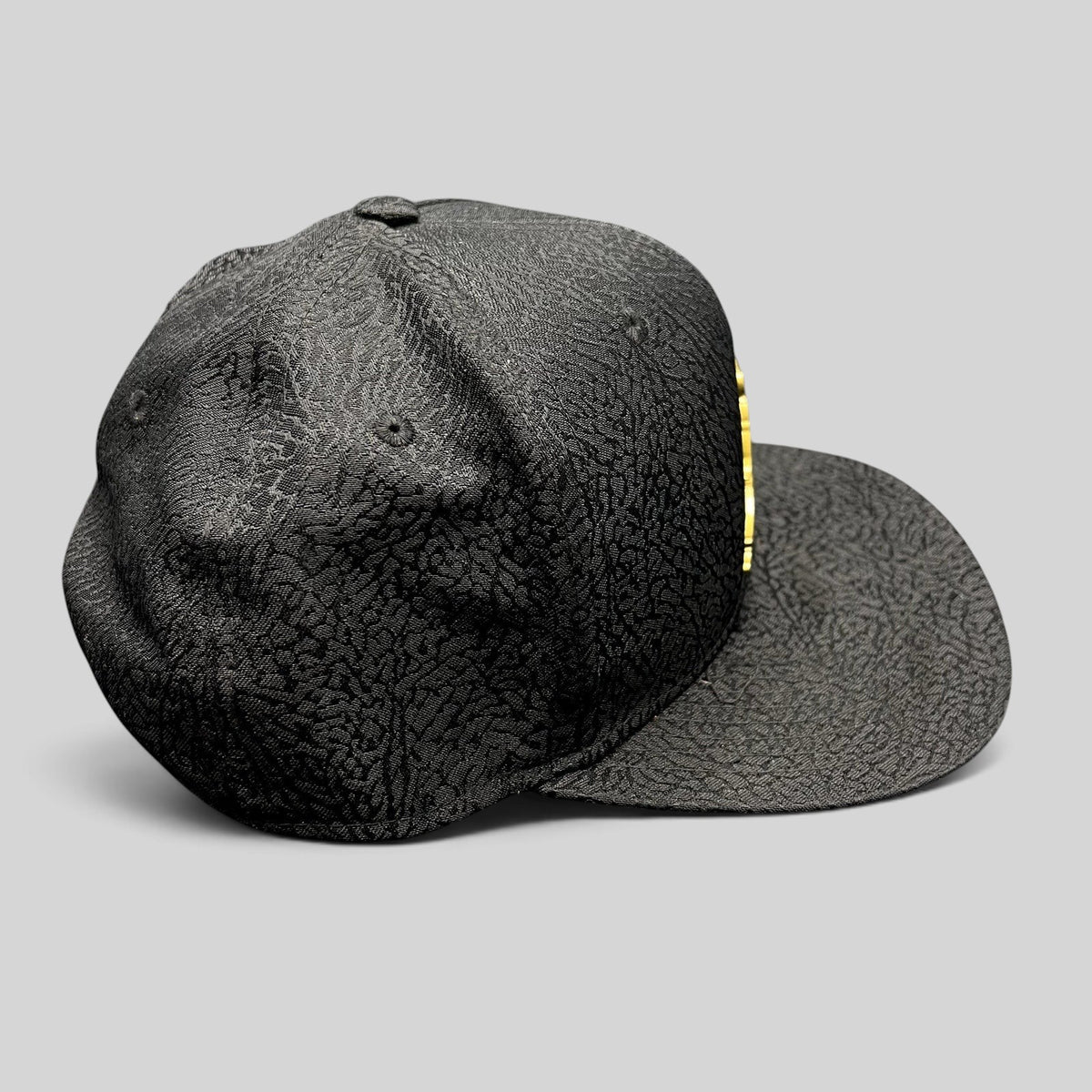 Raree Finds youth Jordan snapback hat in black with textured elephant print and a metallic gold Jumpman logo