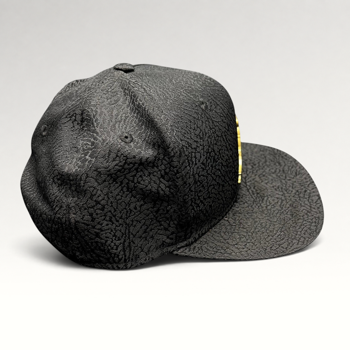 Raree Finds youth Jordan snapback hat in black with textured elephant print and a metallic gold Jumpman logo