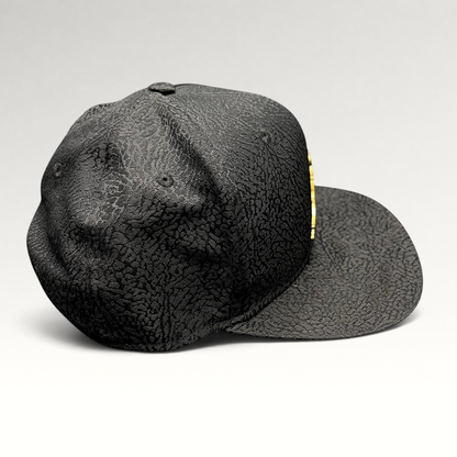 Raree Finds youth Jordan snapback hat in black with textured elephant print and a metallic gold Jumpman logo