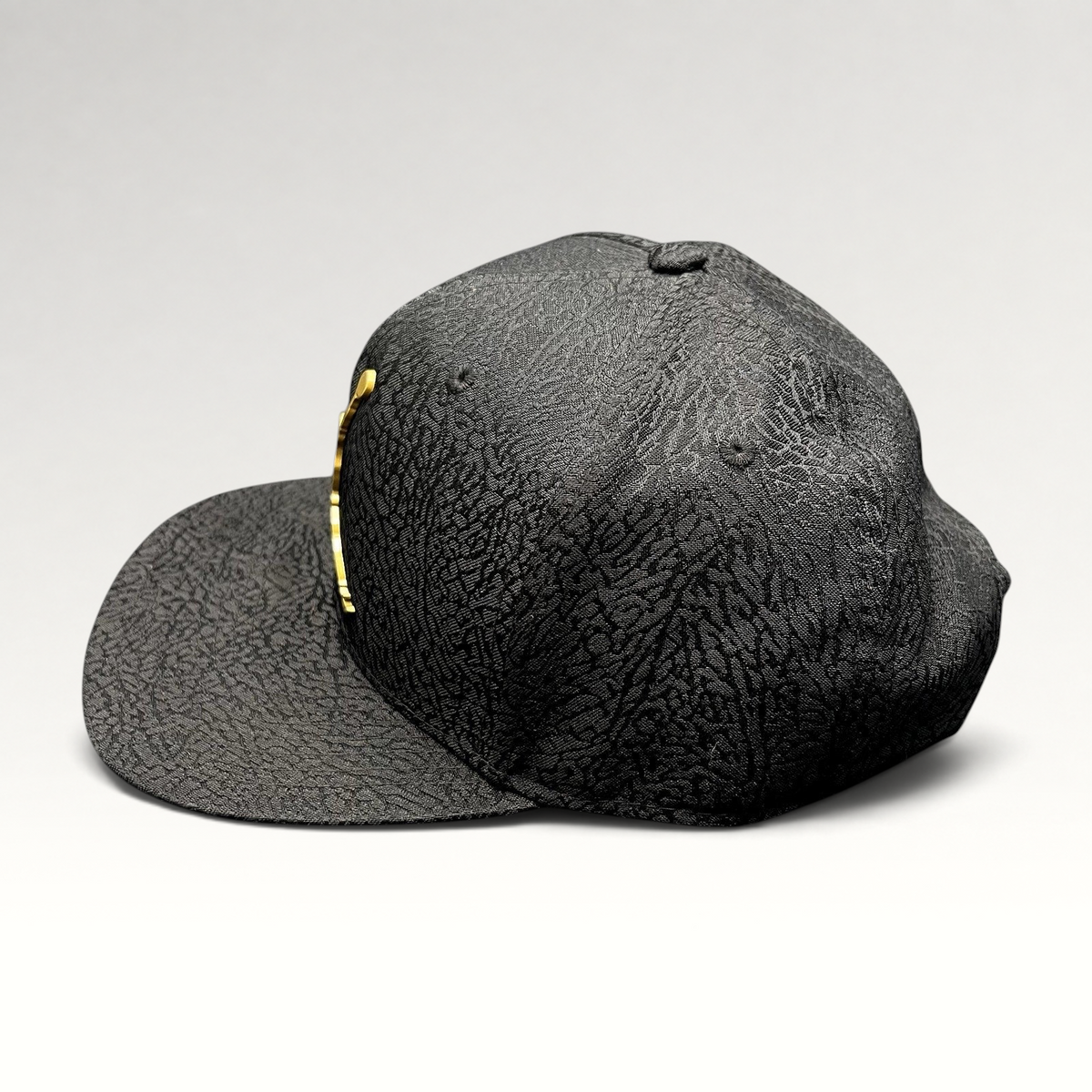 Raree Finds youth Jordan snapback hat in black with textured elephant print and a metallic gold Jumpman logo