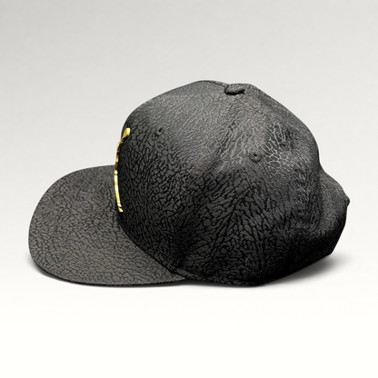 Raree Finds youth Jordan snapback hat in black with textured elephant print and a metallic gold Jumpman logo