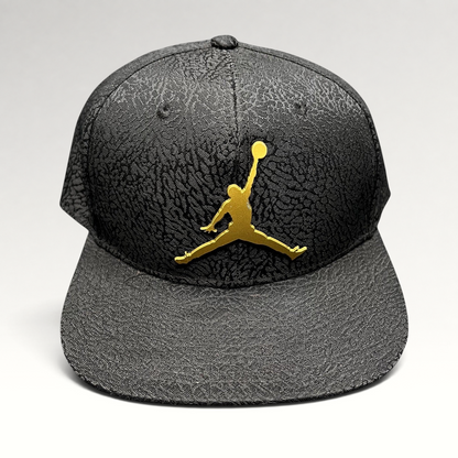 Raree Finds youth Jordan snapback hat in black with an elephant print texture and a metallic gold Jumpman logo.