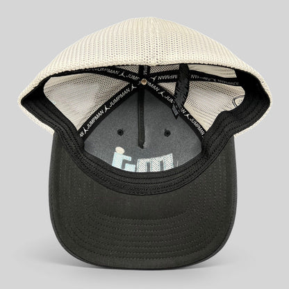 Raree Finds Michael Jordan MJ Invitational black and white mesh Flexfit golf hat, interior view showing branding.