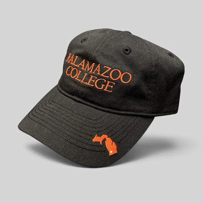 Raree Finds Kalamazoo College black cotton dad cap with orange embroidered lettering and Michigan state logo on brim.