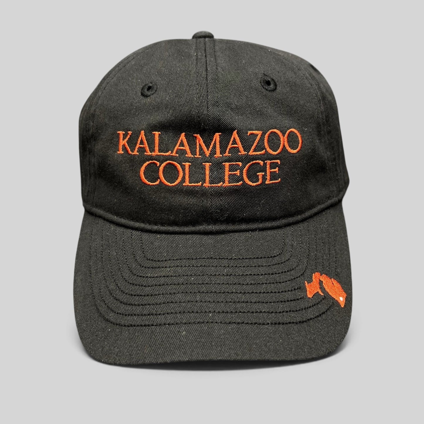 Raree Finds Kalamazoo College black cotton dad cap with orange embroidered lettering and brim accent
