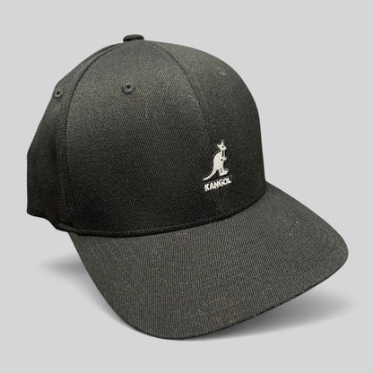 Raree Finds Kangol black flexfit baseball cap with white embroidered kangaroo logo on a structured crown