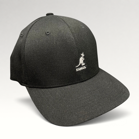 Raree Finds Kangol black flexfit baseball cap with white embroidered kangaroo logo on a structured crown