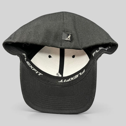 Raree Finds Kangol black flexfit baseball cap with white embroidered kangaroo logo and interior stretch band
