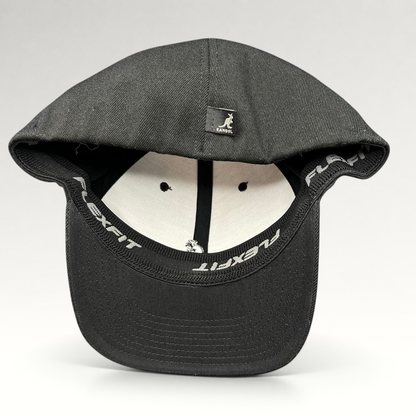 Raree Finds Kangol black flexfit baseball cap with white embroidered kangaroo logo and interior stretch band