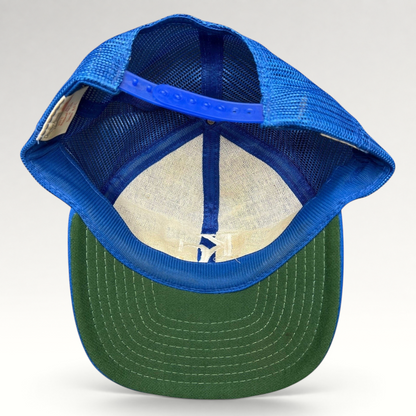 Raree Finds vintage Kansas City Royals trucker hat interior view showing green undervisor and blue mesh back