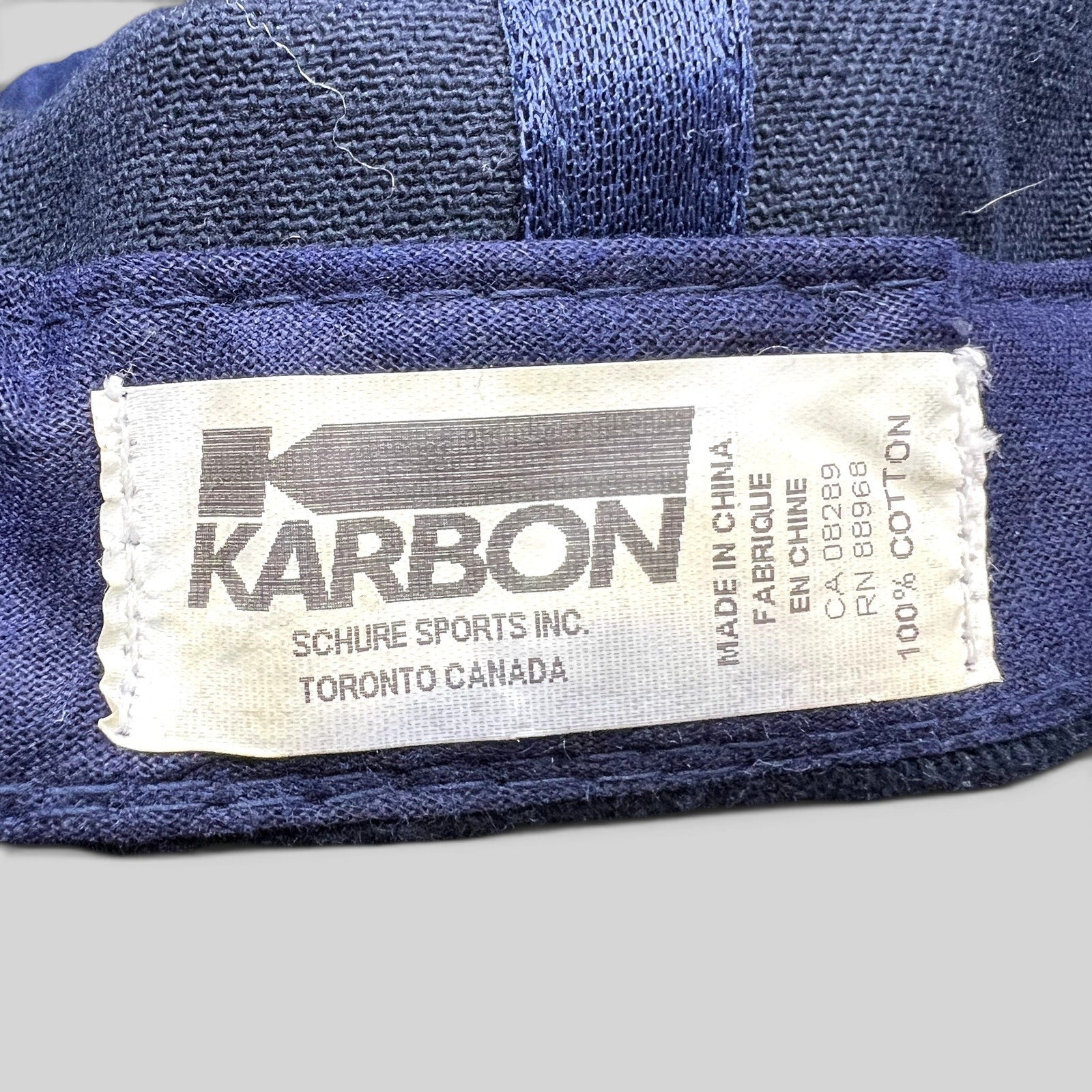 Raree Finds vintage Karbon 100% cotton navy blue hat interior label with manufacturing details
