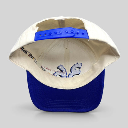 Raree Finds vintage Ken Schrader #36 NASCAR snapback hat showing the interior cream crown and blue adjustable closure.