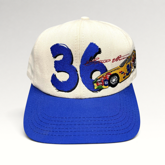 Raree Finds vintage 1990s Ken Schrader #36 NASCAR snapback hat with cream crown, royal blue brim, and racing embroidery.