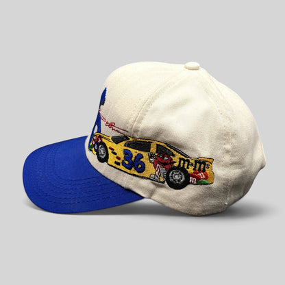 Raree Finds vintage Ken Schrader #36 NASCAR snapback hat with cream crown, royal blue brim, and M&M car embroidery.