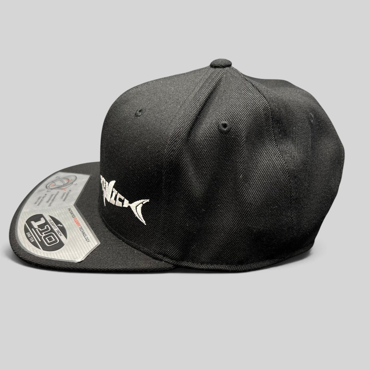 Raree Finds Kenichi Fishing black Flexfit 110 snapback hat with white embroidered logo and flat brim