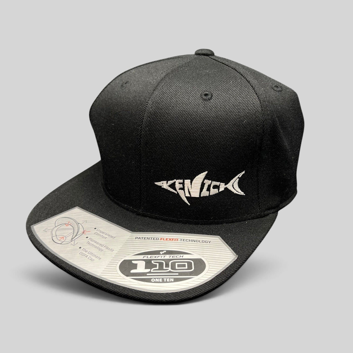 Raree Finds Kenichi Fishing black snapback hat with white embroidered logo and Flexfit 110 sticker on flat brim