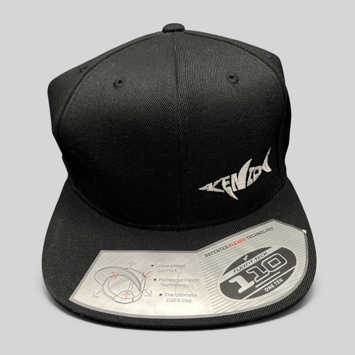Raree Finds Kenichi Fishing black Flexfit 110 snapback hat with white embroidered logo and flat brim