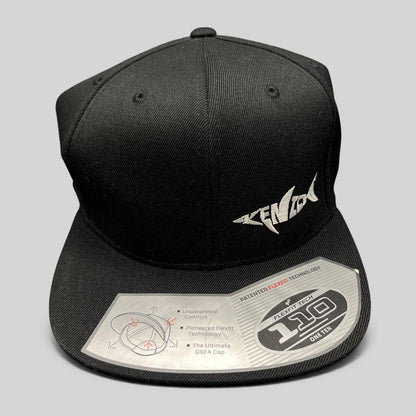Raree Finds Kenichi Fishing black Flexfit 110 snapback hat with white embroidered logo and flat brim